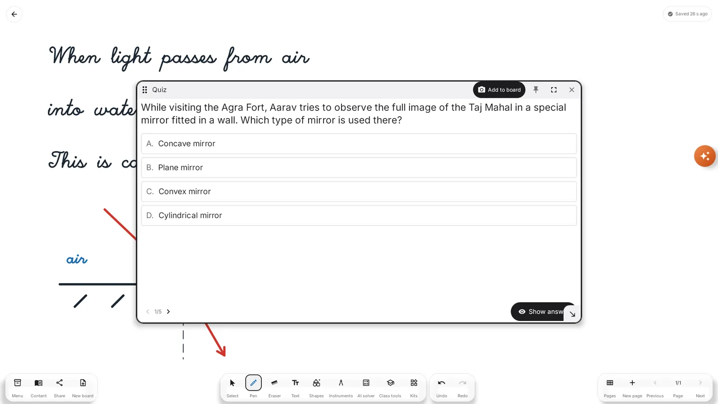 Panel app: an AI-generated quiz card over the lesson