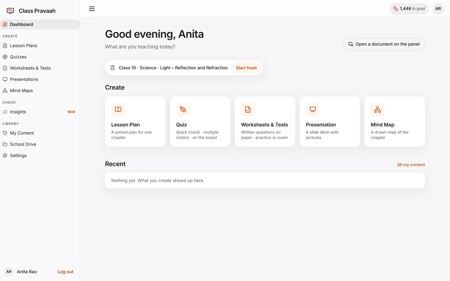 Web console dashboard for a teacher